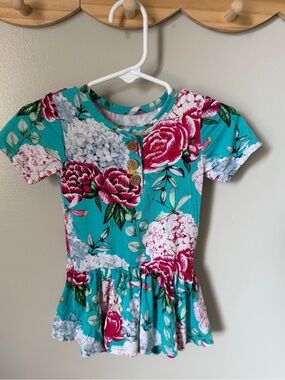 Posh Peanut Floral Turquoise Bamboo Twirl Dress Bodysuit 18-24M Short Sleeve
